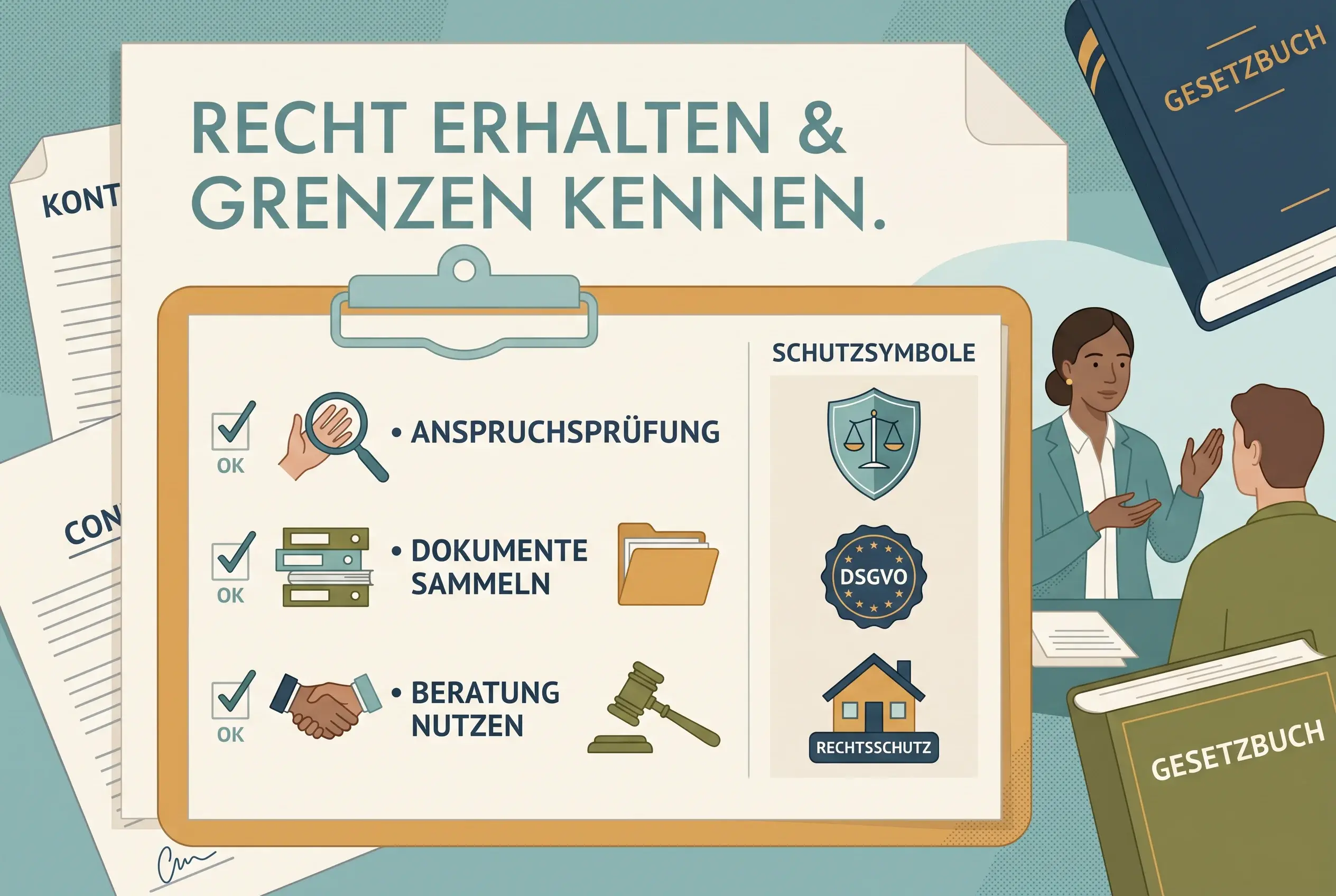 Abstrakte Darstellung einer Prüfliste neben einem Schutzschild für rechtliche Orientierung